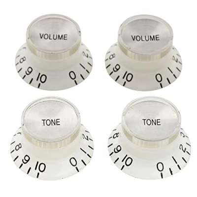 Abbildung von Musiclily Pro Metrische Größe 18 Splines 2 Volume Tone Bell Potiknopfe Top Hat Reflector Knobs Set für Epiphone Les Paul SG Style E Gitarre, Weiß mit Silber (4er Set)