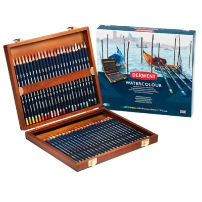 Abbildung von Derwent Aquarellstifte in einer Geschenk Box aus Holz, Zeichnen &amp; Malen, 48er Set, Ideal zum Vermischen Schichten, Professionelle Qualität, 0700758