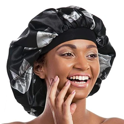 Abbildung von Alnorm Schlafhaube aus Satin, extra groß, doppellagig, black floral, Einheitsgröße