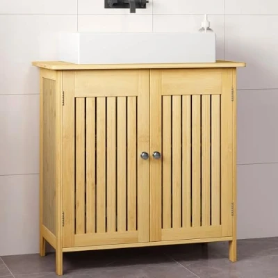 Abbildung von EUGAD Waschbeckenunterschrank aus Bambus, Badezimmerschrank mit 2 Türen, Badezimmer Unterschrank Waschbecken, Waschtischunterschrank, Verstellbarer Einlegeboden, viel Stauraum, 60x60x30 cm