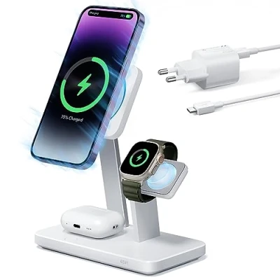 Abbildung von ESR 25W 3 in 1 Ladeständer für MagSafe, hergestellt Apple zertifiziertes magnetisches kabelloses Ladegerät, 15W Ladestation MagSafe und iPhone 16/15/14/13, Watch/AirPods 4/3/Pro, Weiß