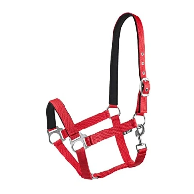 Abbildung von Start Economic Lined Halfter für Pferde Vollblut, Pony Stallhalfter mit zweistufiger Verstellung Kinn und Genickstück Weidehalfter, Pferd Warmblut neoprengefüttert (Rot, Pony)