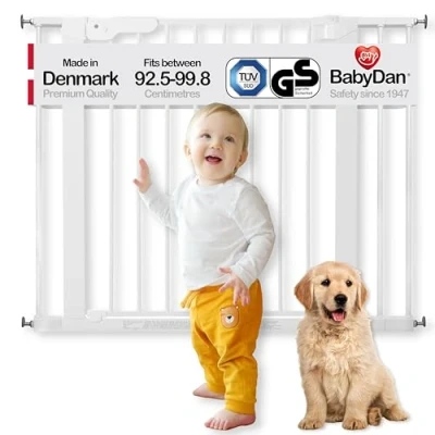 Abbildung von BabyDan Premier, extra breites Treppenschutzgitter zum Klemmen, 92,5 99,8 cm, Türschutzgitter/Absperrgitter/Babygitter/Sicherheitsgitter, Metall, Weiß, Hergestellt in Dänemark (Hundegitter)