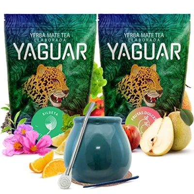 Abbildung von Set fruchtiger &amp; Kräuter Mate Tee mit Zubehör Zweierpack Yaguar Minze, Lapacho, Zistrose, Apfel, Papaya Gereifter aus Brasilien Mild Natürliches Koffein 2x500g 1kg