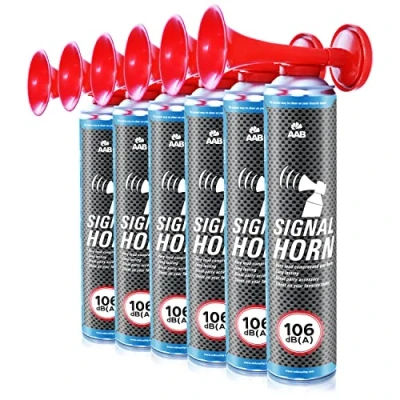 Abbildung von 6 x AAB Signal Horn Laut Nebelhorn 106 dB(A) Mit Nicht Brennbarem Gas, Bis Zu 320 Kurze Pieptöne, Fanfare, Fußball Airhorn, Gasfanfare, Pressluft Luftdruck Tröte, Drucklufthupe