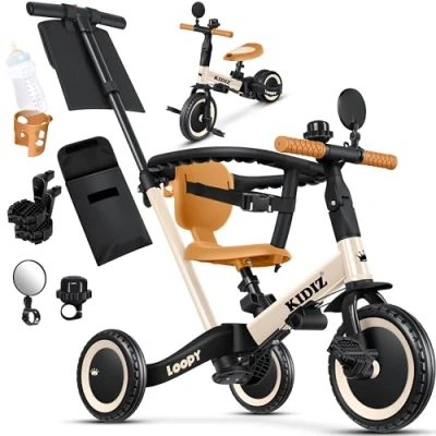 Abbildung von KIDIZ® 6in1 Laufrad Dreirad Laufräder Lauffahrrad Kinderdreirad ab 1 Jahr bis 5 Jahre Lauflernhilfe belastbar 25Kg inkl. Lenkstange Sicherheitsbügel Sicherheitsgurt Klingel &amp; Spiegel Beige
