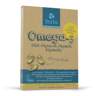 Abbildung von Testa Omega 3 Algenöl 250mg DHA pro Kapsel Vegan hochdosiert 100% Reines und Pflanzlich 1 Tag gesünder als Fischöl kein Nachgeschmack 60 Kapseln 2 Monate Vorrat