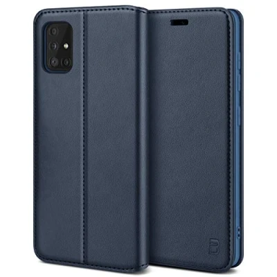 Abbildung von BEZ Handyhülle für Samsung A51 Hülle, Premium Tasche Kompatibel Galaxy A51, Schutzhüllen aus Klappetui mit Kreditkartenhaltern, Ständer, Magnetverschluss, Navy Blau