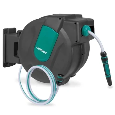 Abbildung von VONROC Schlauchtrommel Gartenschlauch als Schlauchaufroller 15 Meter Wasserschlauch 180 drehbar Schlauchbox inkl. Schlauchhalter Wand &amp; Einzugautomatik Grün