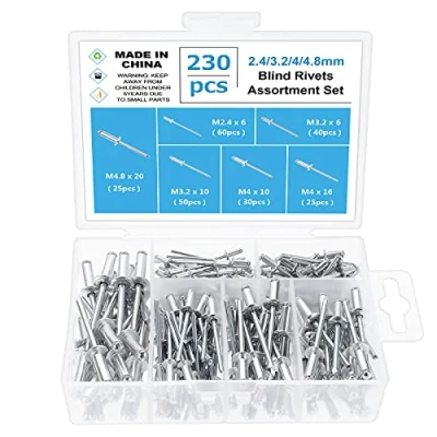 Abbildung von Gueenky 230 Stück Aluminium Kuppelkopf Blindnieten Set, 2,4/3,2/4/4,8 mm Nieten Popnieten, 6 Größen Sortiment für Metall, Holz, Kunststoff