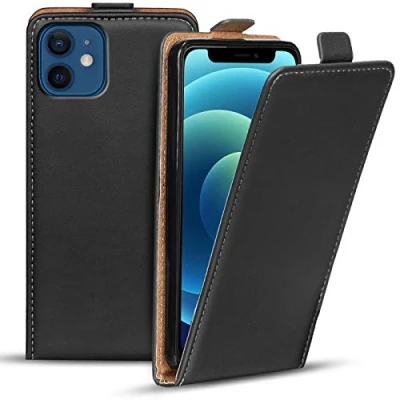 Abbildung von Verco Flip Cover für iPhone 12 Mini Case [5.4 Zoll], Flipstyle Schutzhülle Apple Hülle Kunstleder Tasche vertikal klappbare Handyhülle, Schwarz