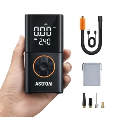 Abbildung von AstroAI Kabelloser Elektrische Luftpumpe, Tragbare Akku Fahrradpumpe mit alle ventile, LED Licht, Wiederaufladbare Reifenpumpe für Fahrrad, E Bike, Auto, Motorrad, Bälle