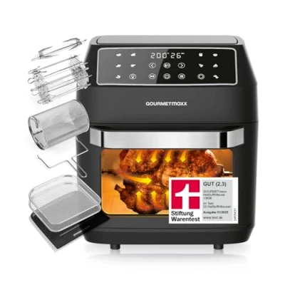 Abbildung von GOURMETmaxx Heißluftfritteuse XXL mit großem Fassungsvermögen, 1700 W, 10 Programme, Touchdisplay und Timer Funktion, Inkl. Zubehörpaket