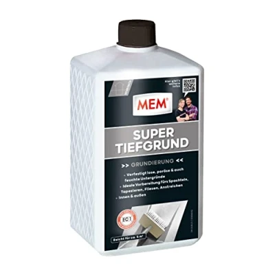 Abbildung von MEM Super Tiefgrund, Für saugende und nichtsaugende Untergründe, Innen außen anwendbar, Einfache Anwendung, Lösemittelfrei, 1 l, Milchig weiß