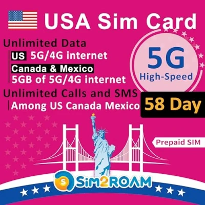 Abbildung von USA Prepaid SIM KarteUnbegrenzte 5G/4G Internetdaten in den (einschließlich Hawaii)+ 5 GB Highspeed Daten Kanada und Mexiko Unbegrenzte Inlandsgespräche SMS Nachfüllbar! (58 Tage)