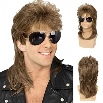 Abbildung von Qnbiar Herren Vokuhila Perücke Hellbraun Lockig 70er 80er Retro Cosplay Kostüm Rocker Disco Fancy Show Perücken