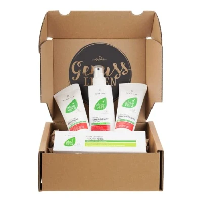 Abbildung von Genussleben Box mit LR Aloe Vera Concentrat Gel 100ml, Emergency Spray 150ml, Propolis Creme 100ml und Zahncreme