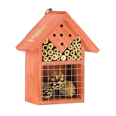 Abbildung von Relaxdays Insektenhotel, Nisthilfe für Bienen &amp; Käfer, HBT 21 x 17,5 9 cm, Garten, Balkon, Bienenhotel, Holz, orange