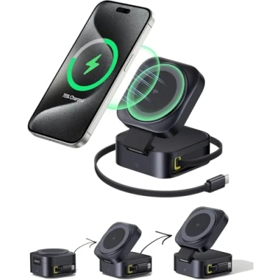 Abbildung von Baseus PicoGo 2 in 1 Ladestation, Qi2 Zertifizierter 15 W Magsafe Ladegerät für iPhone 16 13 Serie/AirPods Pro, Faltbare Kabelloses Charger mit 67 Einziehbar USB C Kabel MacBook Pro/Air
