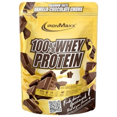 Abbildung von IronMaxx 100% Whey Protein Pulver Vanilla Choco Chunk 500g Beutel zuckerreduziertes, wasserlösliches Eiweißpulver aus Molkenprotein viele verschiedene Geschmacksrichtungen