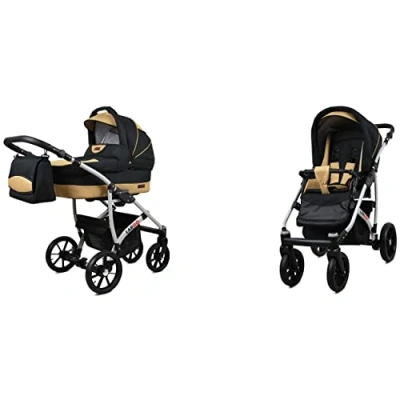 Abbildung von BabyLux Largo 2 in 1 Baby Kinderwagen Tief und mit Zubehör Verstellbar faltbar Aluminiumkonstruktion Wasserdicht Nicht abnehmbare Räder Black Dots Silver Frame