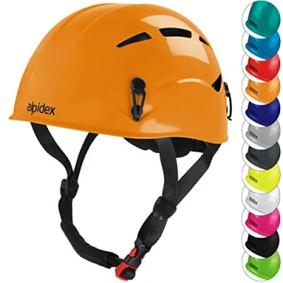 Abbildung von ALPIDEX Kletterhelm Norm EN 12492 Kletterausrüstung Hartschalenhelm Universal Passend Robust Klettersteighelm Jugendliche Erwachsene, Farbe:Sunset orange