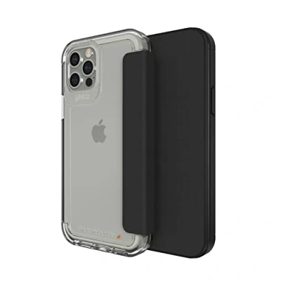 Abbildung von Apple iPhone 12 Pro Max Hülle Silikon Gear4 Klapphülle Handyhülle Schwarz Shockproof/Stoßfest