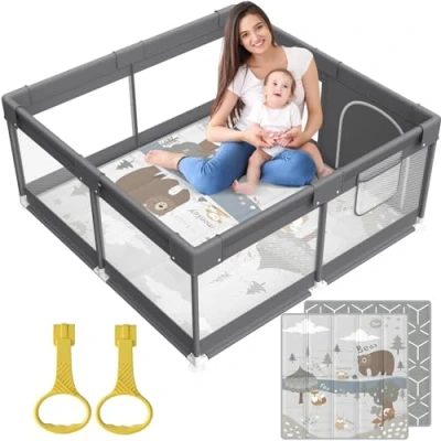 Abbildung von Fodoss Baby Laufgitter mit Matte, 120x120cm Laufstall Baby, Matratze, Atmungsaktives Netzdesign, für die Wohnung(Beige) (Laufstall Matte drak gray)