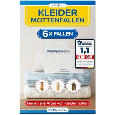 Abbildung von Kleidermottenfalle [6 Stück] Mottenschutz für Kleiderschrank Mottenfalle Kleidermotten mit maximaler Lockwirkung Pheromonfalle zur Befallsermittlung