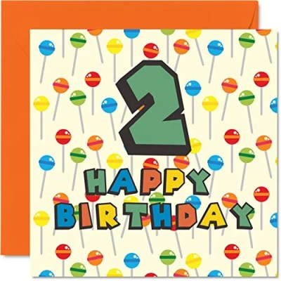 Abbildung von Geburtstagskarte zum 2. Geburtstag, Unisex, Motiv: Lollipop Sweets Candy für 2 Jahre alten Sohn, Tochter, Bruder, Schwester, Enkel, Enkelin, Nichte, Neffe, Cousin, 145 mm x