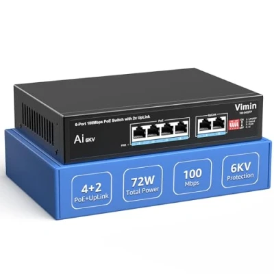Abbildung von 6 Port PoE Switch mit 4 Ports, VIMIN Unmanaged 10/100Mbit/s Netzwerk 2 Uplink AI Wachhund, VLAN, Erweiterung auf 250 m, Unterstützung von IEEE802.3af/at, 72 W