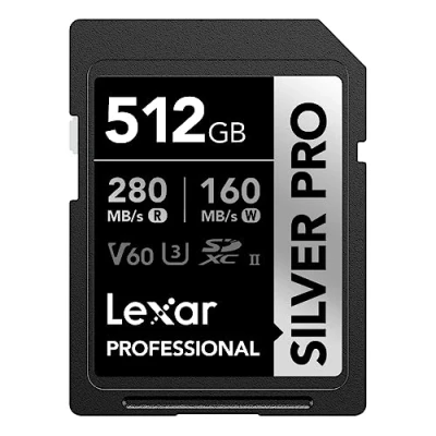 Abbildung von Lexar SILVER PRO SD Karte 512GB, UHS II Speicherkarte, V60, U3, C10, bis zu 280MB/s Lesen, 160MB/s Schreiben, SDXC für DSLR/Kamera/Fotografen/Videofilmer/Enthusiasten (LSDSIPR512G BNNAA)