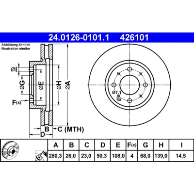 Abbildung von ATE 24.0126 0101.1 Bremsscheibe 280,3 26,0 4 108,0 Belüftet beschichtet VOLVO: 850 Kombi, Limousine