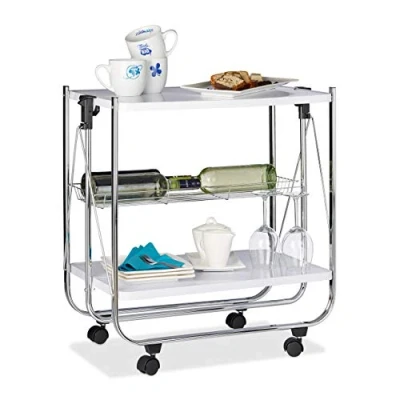 Abbildung von Relaxdays Servierwagen klappbar Weiß, 4 Rollen, Metall, 2 Böden, Korb, HxBxT 68,5 x 68 40,5 cm, Küchenrollwagen, Weiss