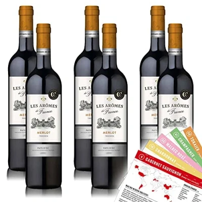 Abbildung von Les Aromes de France Merlot IGP, trocken, sortenreines Weinpaket + VINOX Winecards (6x0,75l)