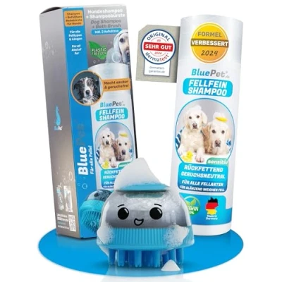 Abbildung von BluePet Parfümfreies Hundeshampoo + Badebürste Gegen Juckreiz, Gerüche &amp; Schmutz I Fellshampoo mit Aloe Vera Jojobaöl für glänzendes, gesundes leicht kämmbares Fell idealer PH Wert Hunde
