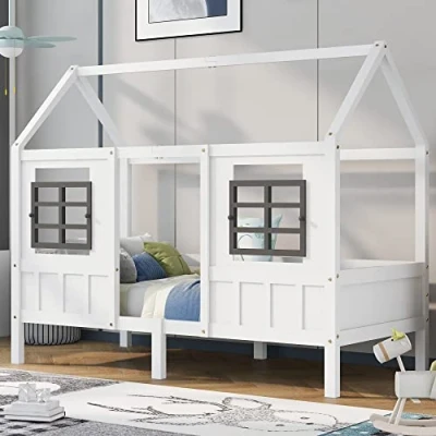 Abbildung von Hausbett Spielbett 90x200, Vielseitiges Kiefernrahmen Kinderbett für Jungen &amp; Mädchen Kinder Bett mit Rausfallschutz und Lattenrost