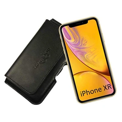 Abbildung von MATADOR Echt Leder Gürteltasche kompatibel mit Apple iPhone 15 Pro/ 15/14 14/13 13/12 12/11/ XR Holster Lederhülle Gürtel Clip/Schlaufe Magnetverschluss Schwarz