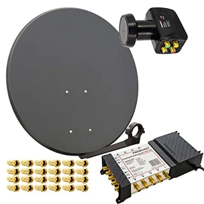 Abbildung von Premium X Satelliten Komplettanlage 80cm Satellitenschüssel Anthrazit Multischalter 5/8 Quattro LNB 24 F Stecker, 1 SAT für 8 Teilnehmer