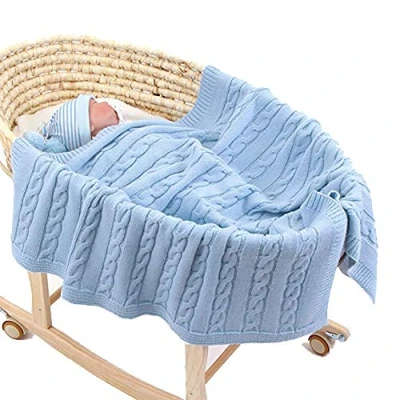 Abbildung von Strickdecke Babydecke Kuscheldecke im Freien, Odot Kinderwagen Kinderdecke Winddicht Krabbeldecke Perfekt für Mädchen und Jungen Babys Geschenkverpackungen Hergestellt (Hellblau,100 x 80 cm)