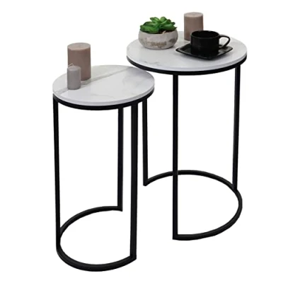 Abbildung von Mendler 2er Set Beistelltisch HWC K46, Kaffeetisch Nachttisch Loungetisch, Marmor Optik MDF weiß schwarz