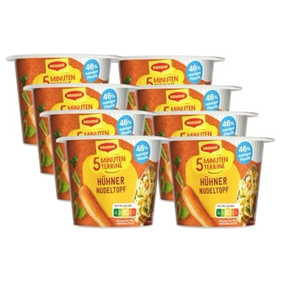 Abbildung von MAGGI 5 Minuten Terrine Hühner Nudeltopf, leckeres Fertiggericht, Instant Nudeln, mit Huhn, 8er Pack (8 x 41g)