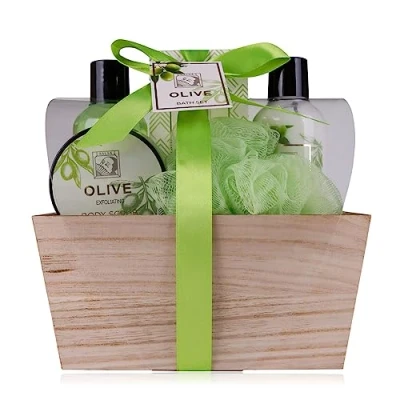 Abbildung von Accentra Duschset Frauen Geschenkset OLIVE in schöner Holzbox 5 teiliges Pflegeset mit Duschgel, Bodylotion, Badesalz, Körperpeeling und Netzschwamm Wellness Geschenk Set zum Geburtstag
