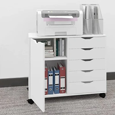 Abbildung von PUNCIA Rollcontainer aus Holz Aktenschrank mit Universalräder Büroschrank 5 Schubladen und Tür Druckertisch für Akten &amp; Dokumente Bürowagen Büro Office Zuhause Weiß 78x40x60cm