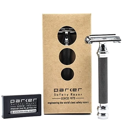 Abbildung von Parker Safety Razor 76R Schmetterling öffnen Double Edge Rasierapparat Superschwergewicht 5 Premium Blades enthalten. Schwarz