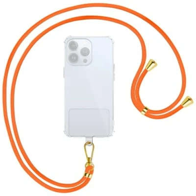 Abbildung von mtb more energy® Universal Handykette Clear Neon Orange Metallteile Gold transparenter Patch kompatibel mit vielen Handyhüllen Zubehör Smartphone zum Umhängen