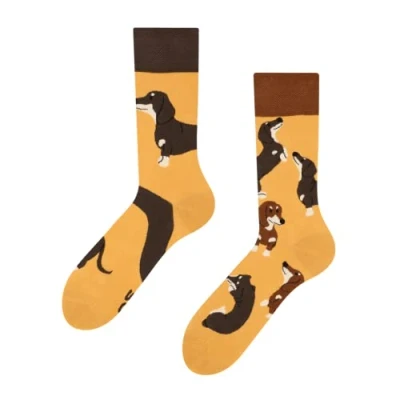 Abbildung von Dedoles Socken Unisex Damen Herren &amp; Kinder Baumwolle viele lustige Designs 1 Paar Geschenk links rechts verschieden, Farbe Gelb, Motiv Dackel, Gr. 35 38