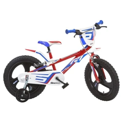 Abbildung von Dino Bikes Kinderfahrrad Jungen 16 Zoll mit Bremsen am Lenker Stützräder Rot Weiss Blau