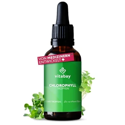 Abbildung von Vitabay Chlorophyll Tropfen 50mg Vegan &amp; Laborgeprüft 100ml (ca. 2.600 Tropfen) Liquid flüssig aus Weizengras, Alfalfa und Chlorella Konzentrierte Chlorophyllin Formulierung