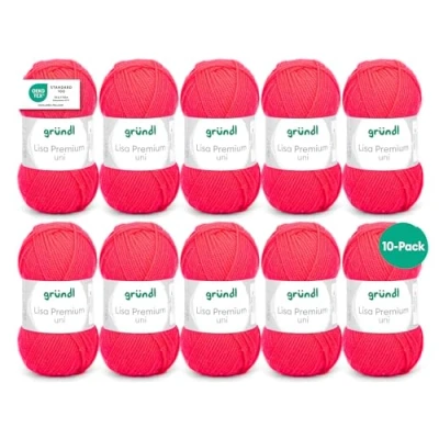 Abbildung von Gründl Wolle Lisa Premium Uni Strickgarn aus 100 % Polyacryl, Garn zum Häkeln/ Stricken 50 g / 133 m, 10 x Knäuel, Nadel: 3,5 4,5, Neonkoralle